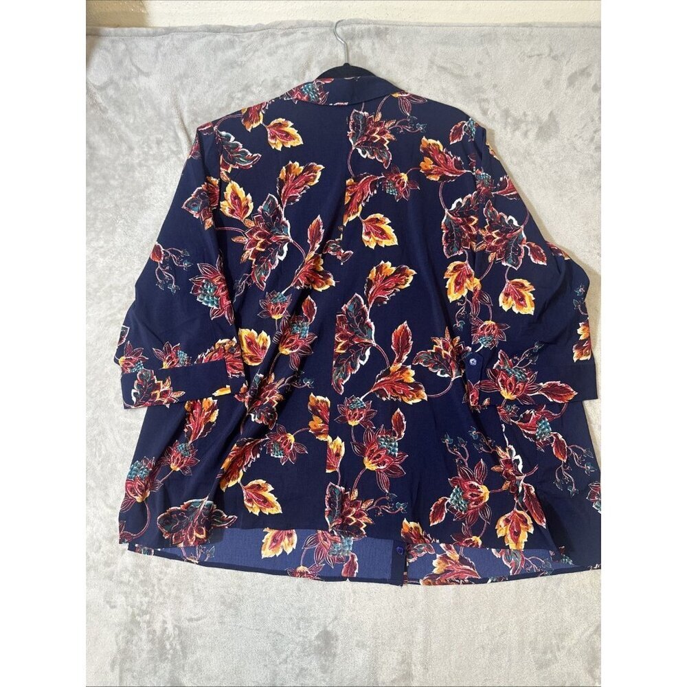 Catherines 3X Blouse Navy Multicolor Leaf Print Stretch Button Front 3/4 Sleeve - Picture 9 of 10